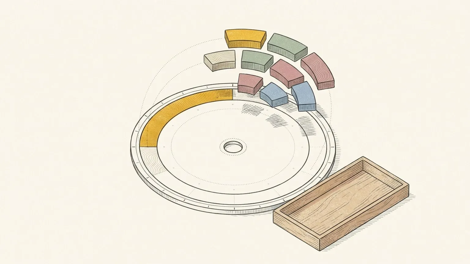 A circular arc-block dial with several of its ring segments lifted in a hovering cluster above it, trailing dotted paths toward an empty wooden tray placed alongside.