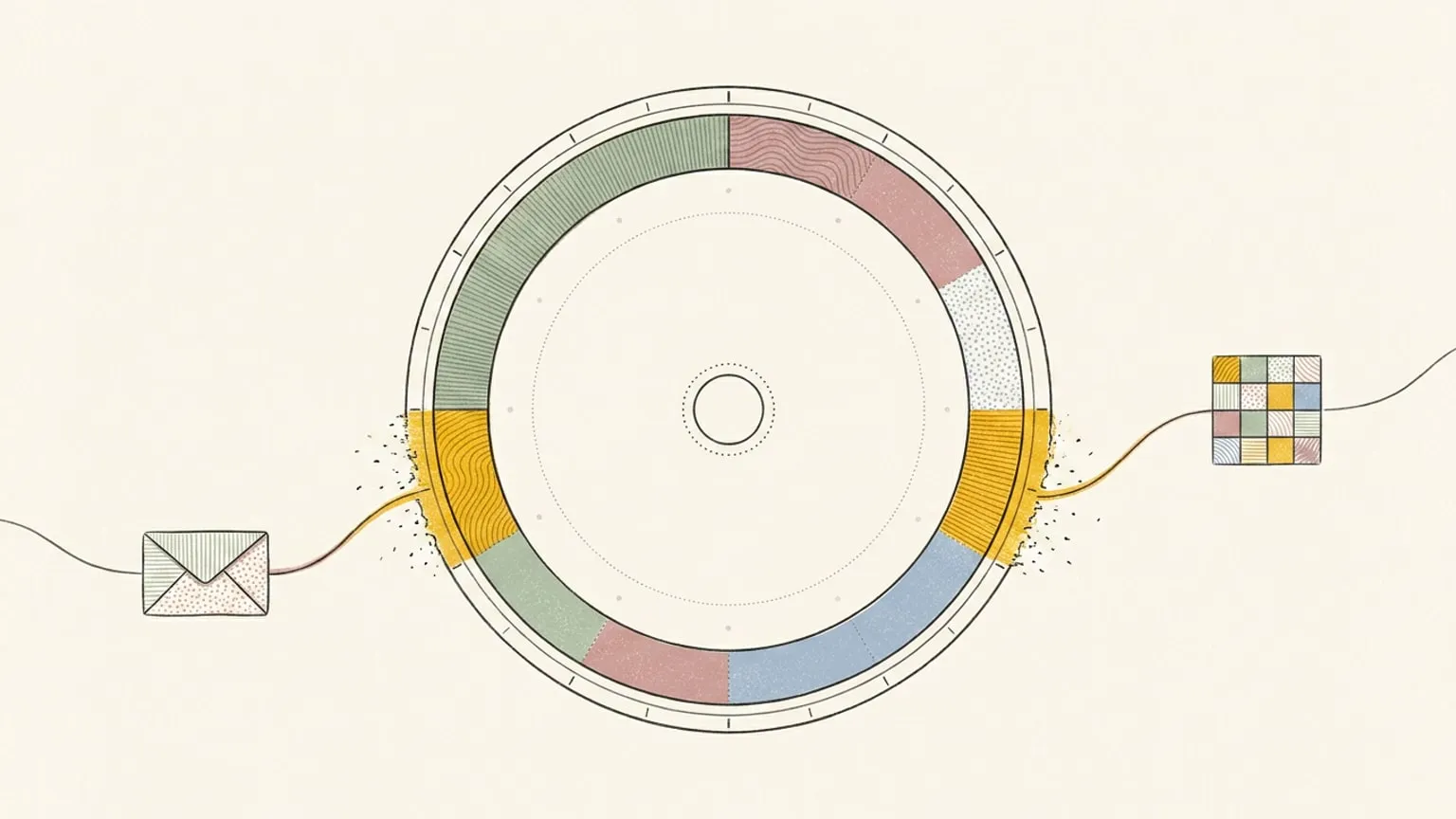 A 24-hour dial with two arcs freshly placed on its ring, each connected by a curved line to a small prop on either side, an envelope and a calendar grid square, their trailing edges dissolving into ink flecks.