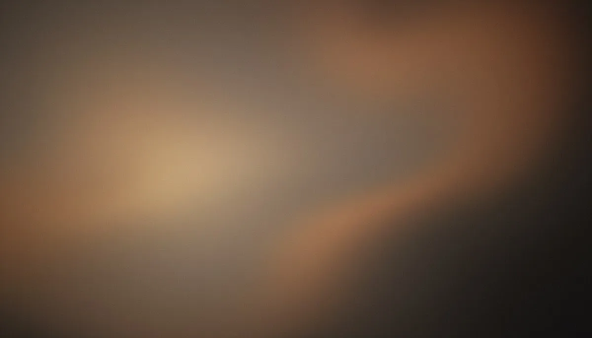 Two muted warm hazes, dusty amber and greyed rust, drift toward each other across a deep charcoal field, melting into a single unified glow under heavy film grain.