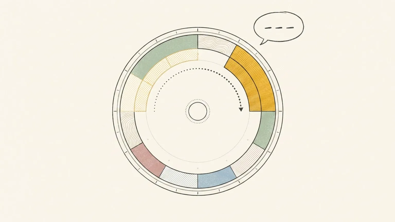 A hand-drawn 24-hour dial with a gold arc that has just landed in a gap on its ring, ghost outlines marking two spots it bypassed, and a rough ink speech bubble holding three small dashes floating above.