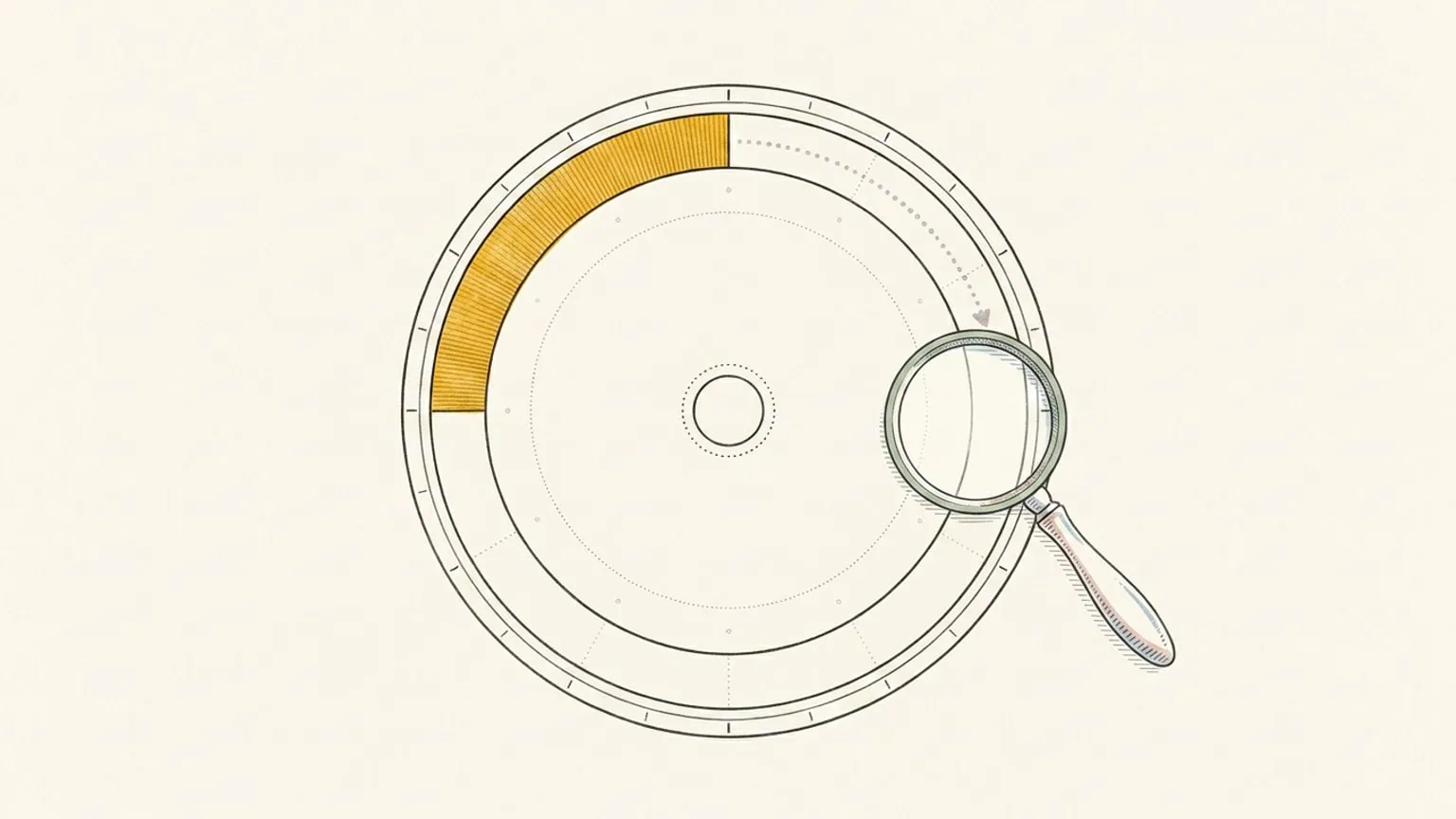 A 24-hour dial with one gold arc and a magnifying glass poised over its open half, a dotted path connecting the empty space to the placed arc.