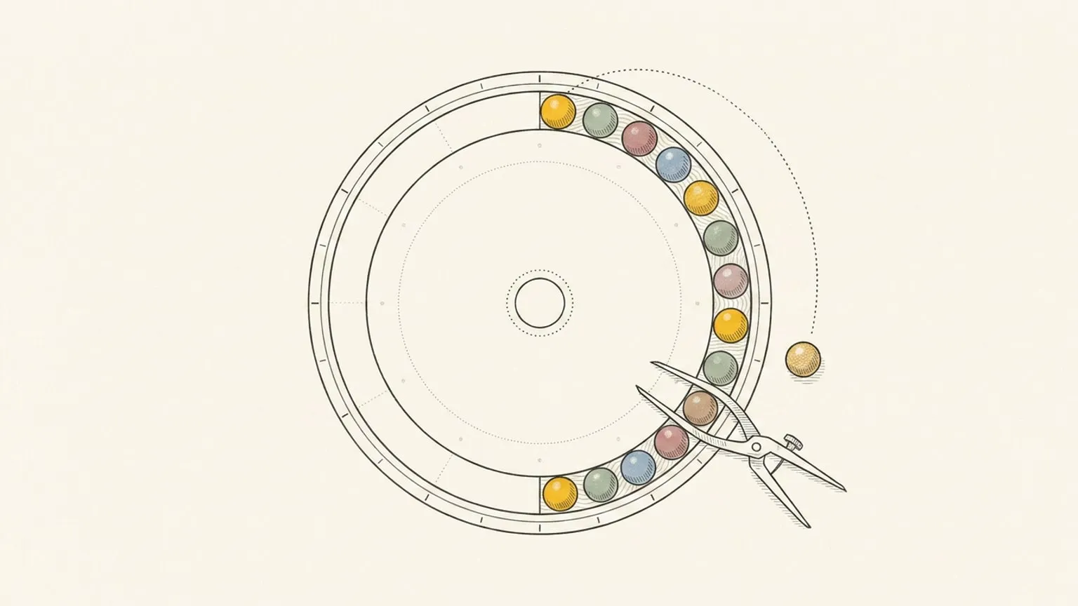 A 24-hour dial with a single arc block whose interior is divided into solid focus beads and wavy break gaps, one loose bead tracing a dotted path back into the sequence, and open calipers beside the dial measuring one bead-and-gap pair.