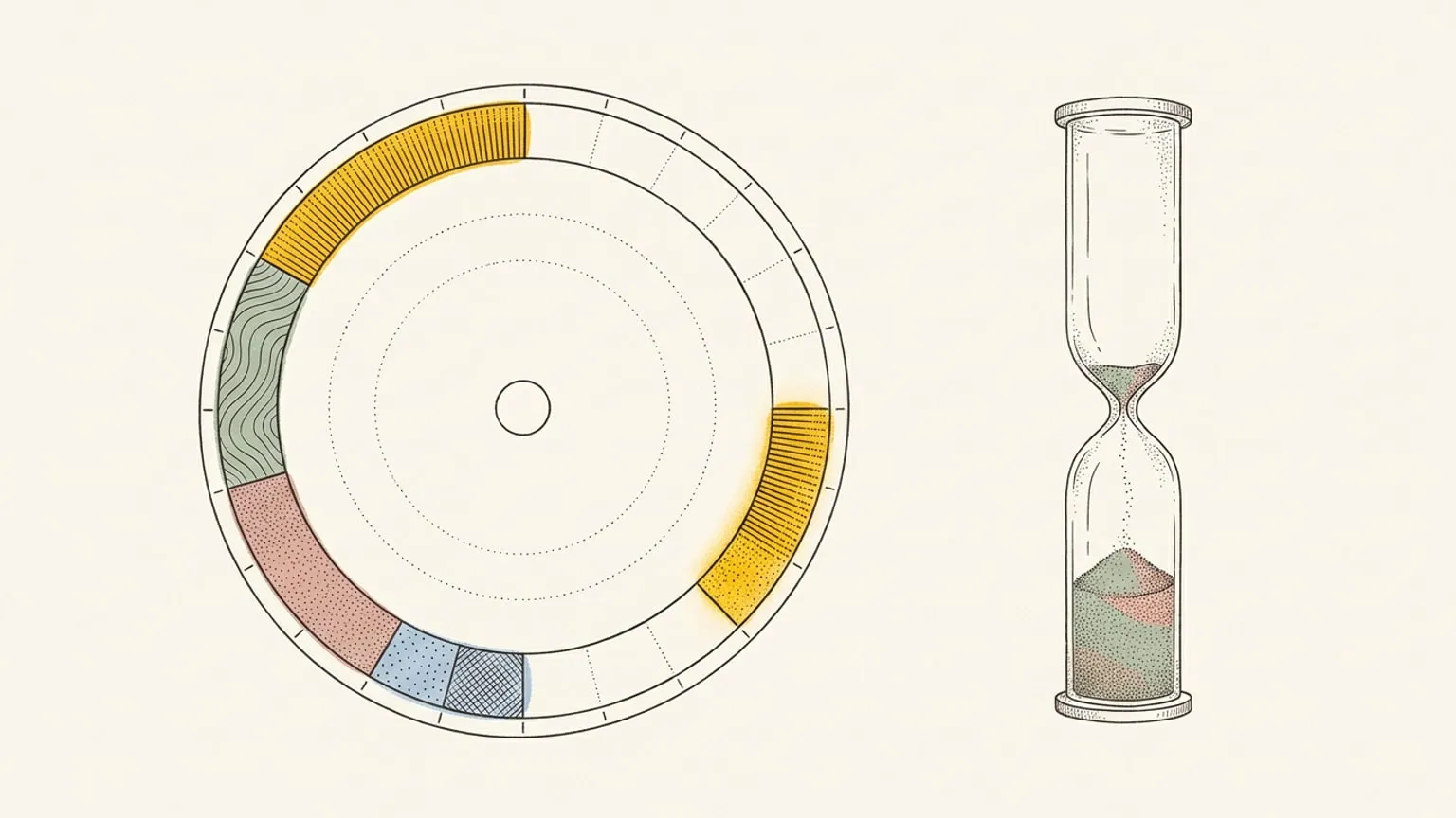 A 24-hour arc-block dial lies beside an upright empty hourglass, with a dotted trail of falling sand curving down to meet a glowing gold arc block on the dial's ring.