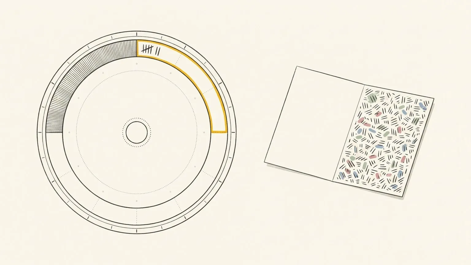 A hand-drawn 24-hour ring dial with one hatched arc block and one plain arc outlined in gold, beside an open card with one page full of marks and one page left blank.