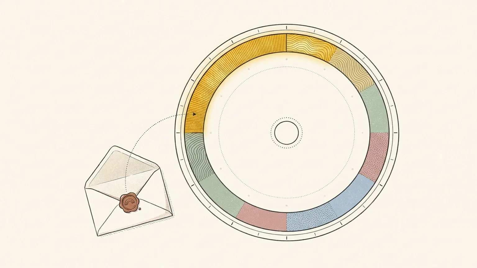 A hand-drawn upright circular arc-block dial with one gold arc at the top, beside an open wax-sealed envelope, a dotted path curving from the envelope to the gold arc on the ring.