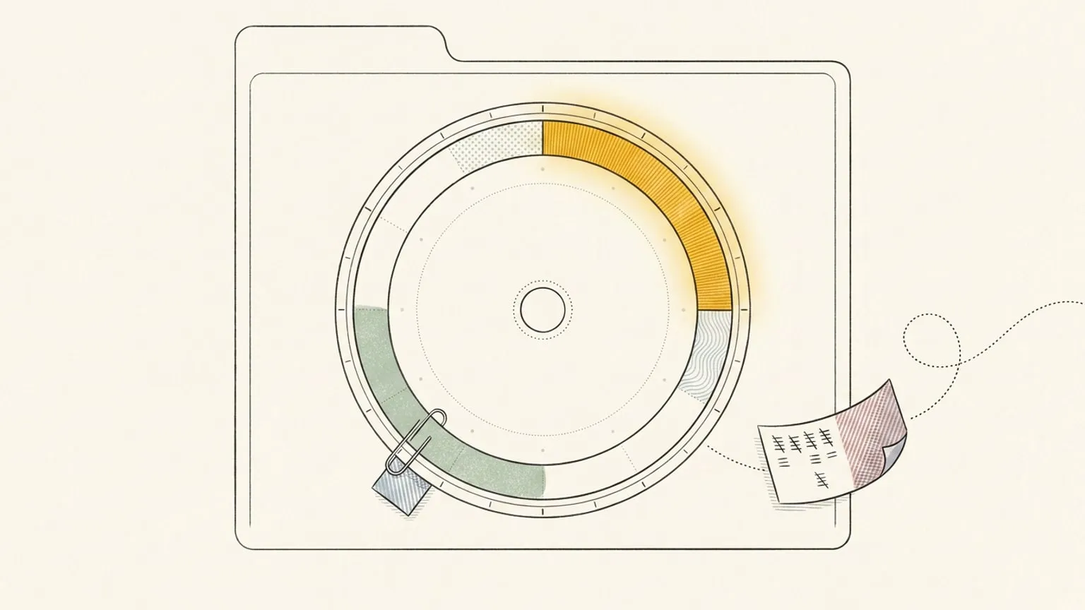 A minimal browser tab outline contains the 24-hour ring dial with one glowing gold arc, while a small marked paper page follows a dotted arc path and lands on a block of the ring.
