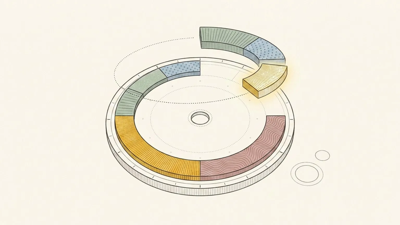 A 24-hour ring dial with some arc blocks already placed and a second set of arc blocks floating in a dotted orbital path above the ring, one gold-accented block descending toward its position, beside a smaller empty ring on warm paper.