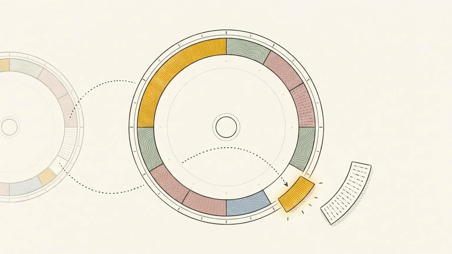 A 24-hour ring dial with hatched coloured arc blocks and a faded second ring at its left edge. A dotted arrow guides a glowing gold block into a gap on the ring, beside a curled paper list.