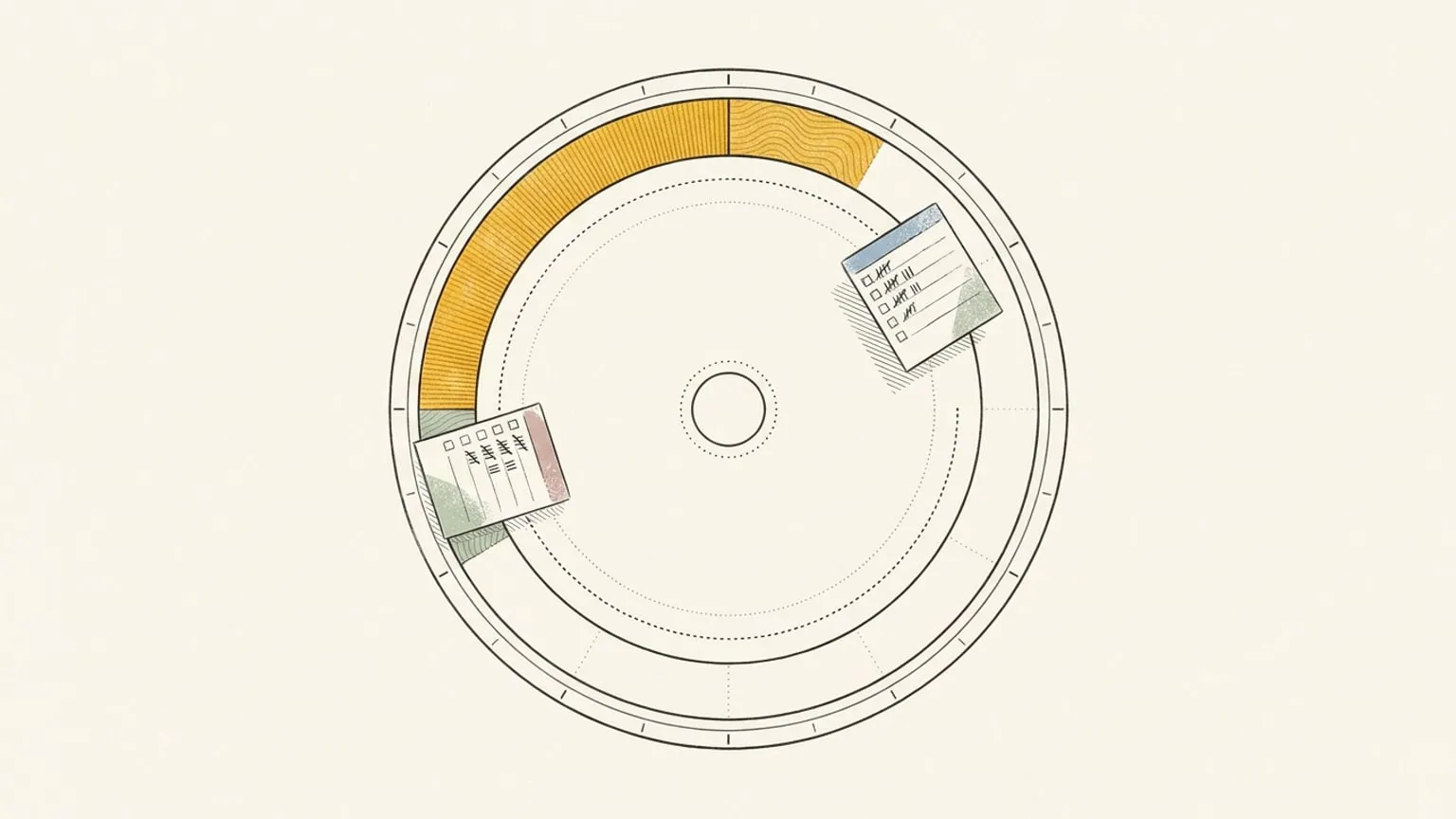 A 24-hour ring dial with one long gold arc across its upper left and two small hand-drawn checklist cards resting on the ring, the rest of the ring still open.