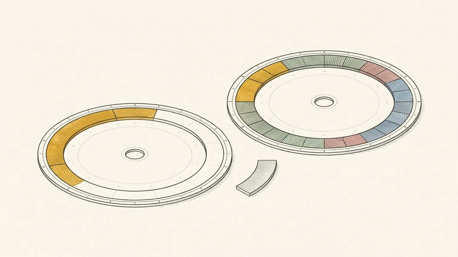 Two circular day-planner dials sit side by side on a desk, one with a single gold arc and one densely filled with small arc blocks, with an unplaced arc block resting on the surface between them.