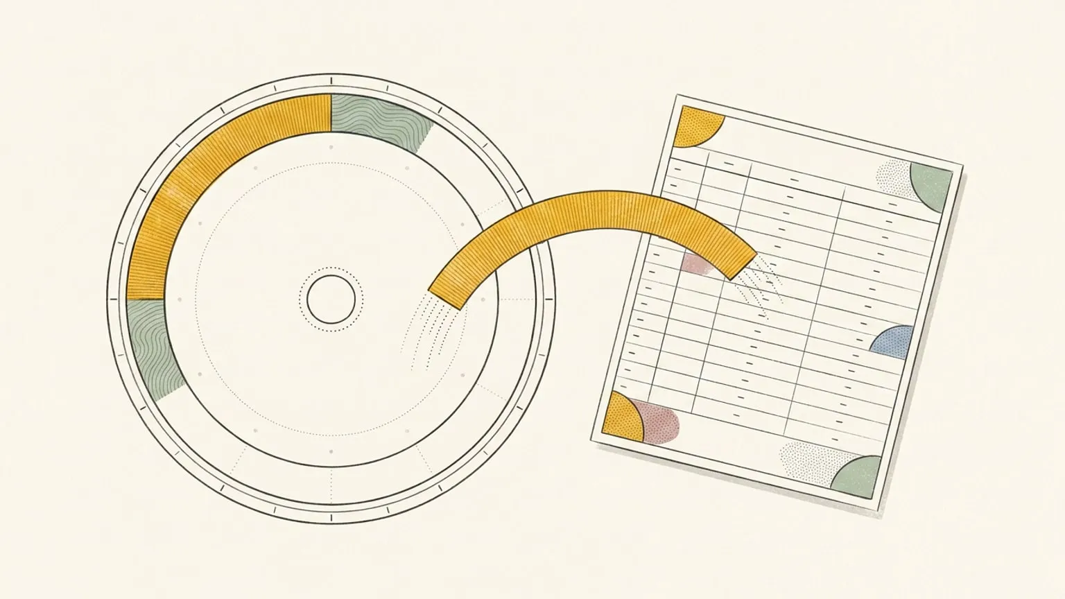 A 24-hour ring dial with coloured arc blocks on one side lies beside a ruled grid card, a single gold arc suspended along a dotted path connecting the two objects.
