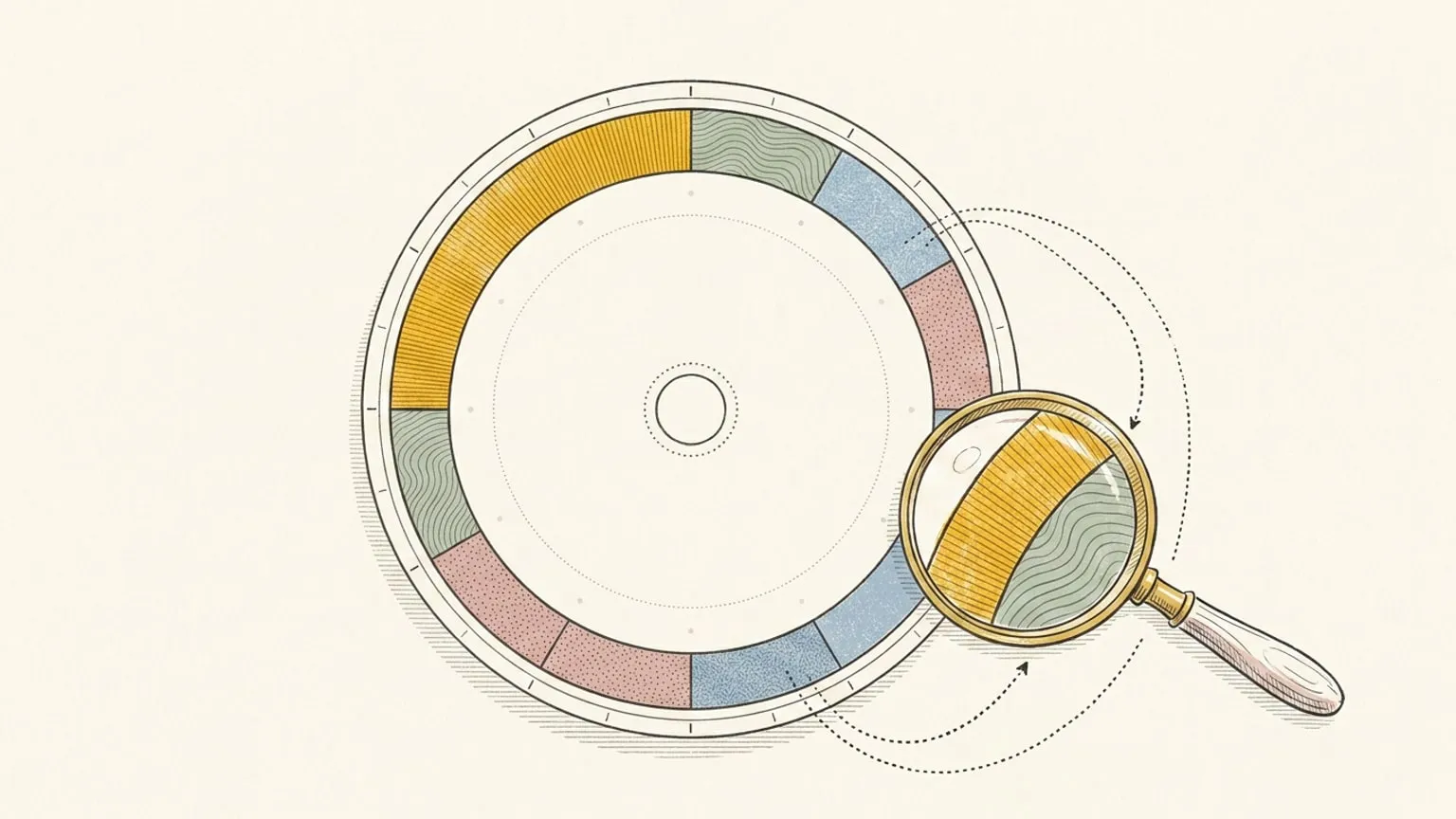 A 24-hour ring dial lies flat on paper beside a magnifying loupe whose gold lens enlarges two arc blocks connected to the ring by dotted curved paths.