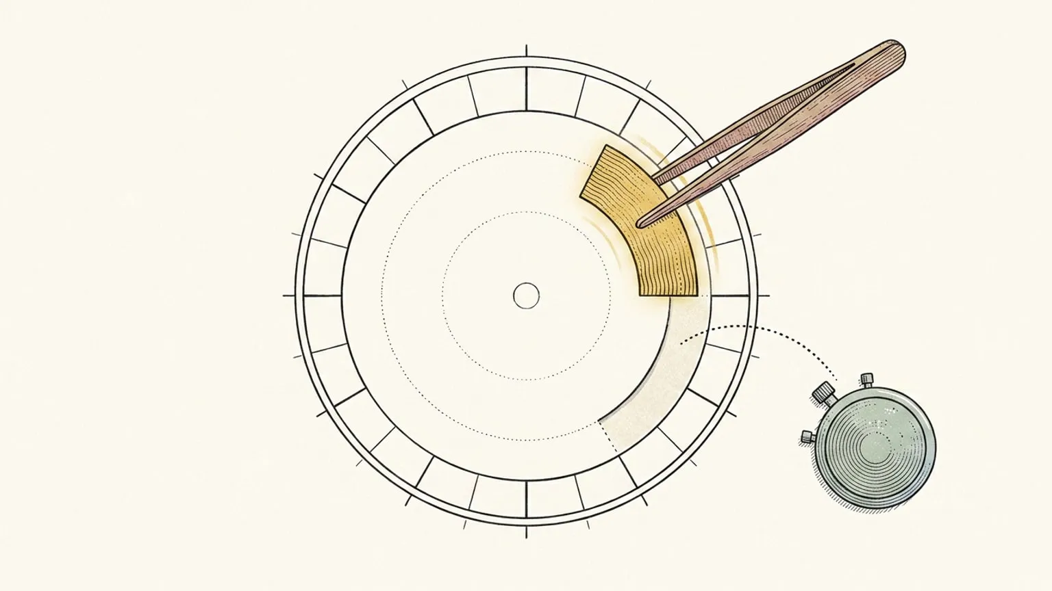 A 24-hour ring dial with one glowing arc block lifted by wooden tweezers, a dotted path leading to a face-down stopwatch beside it on warm paper.