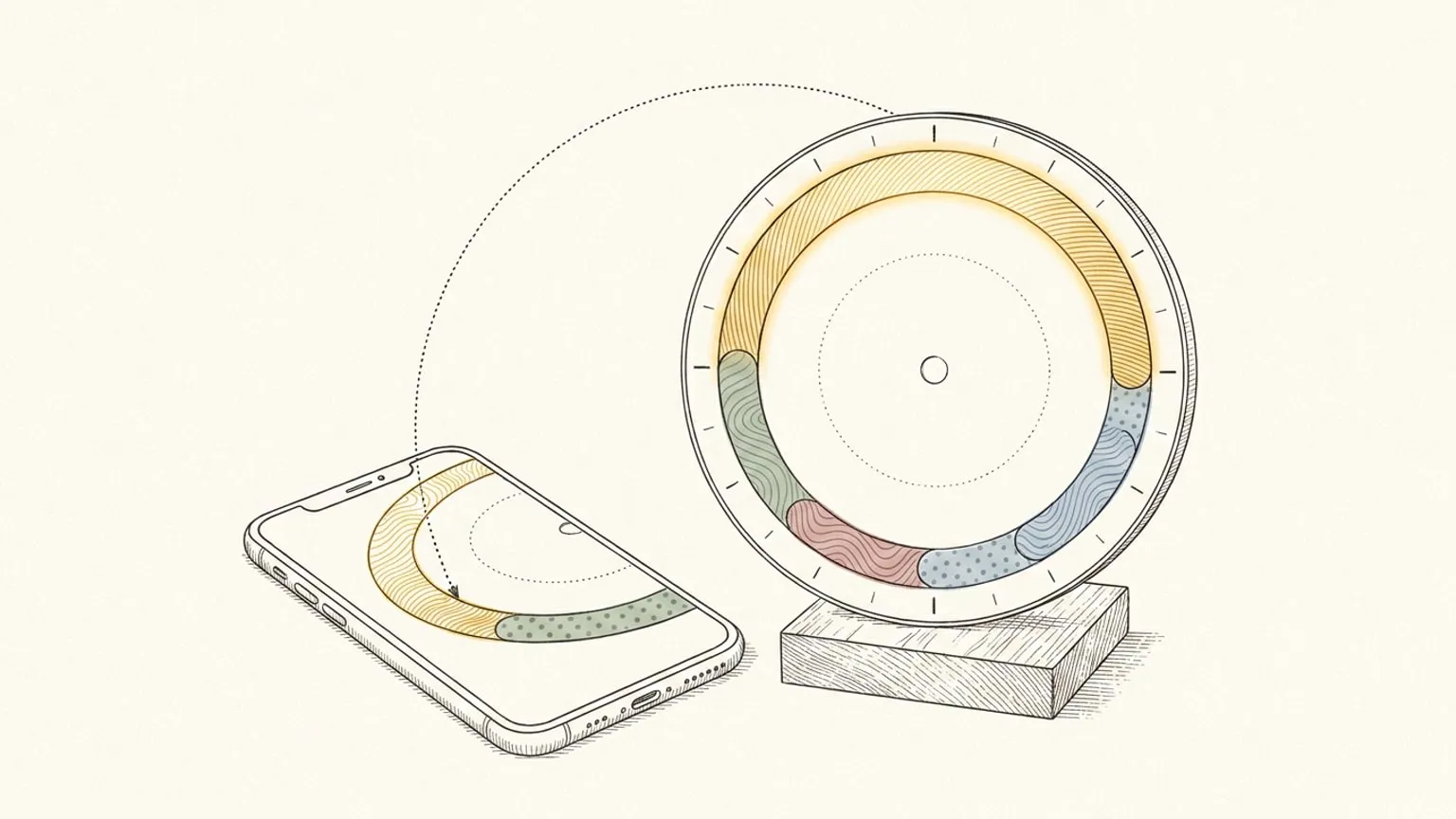 A phone with a partial arc on its screen sits beside a complete 24-hour ring dial raised on a wooden block, a dotted curved path connecting the phone's arc to the full ring.