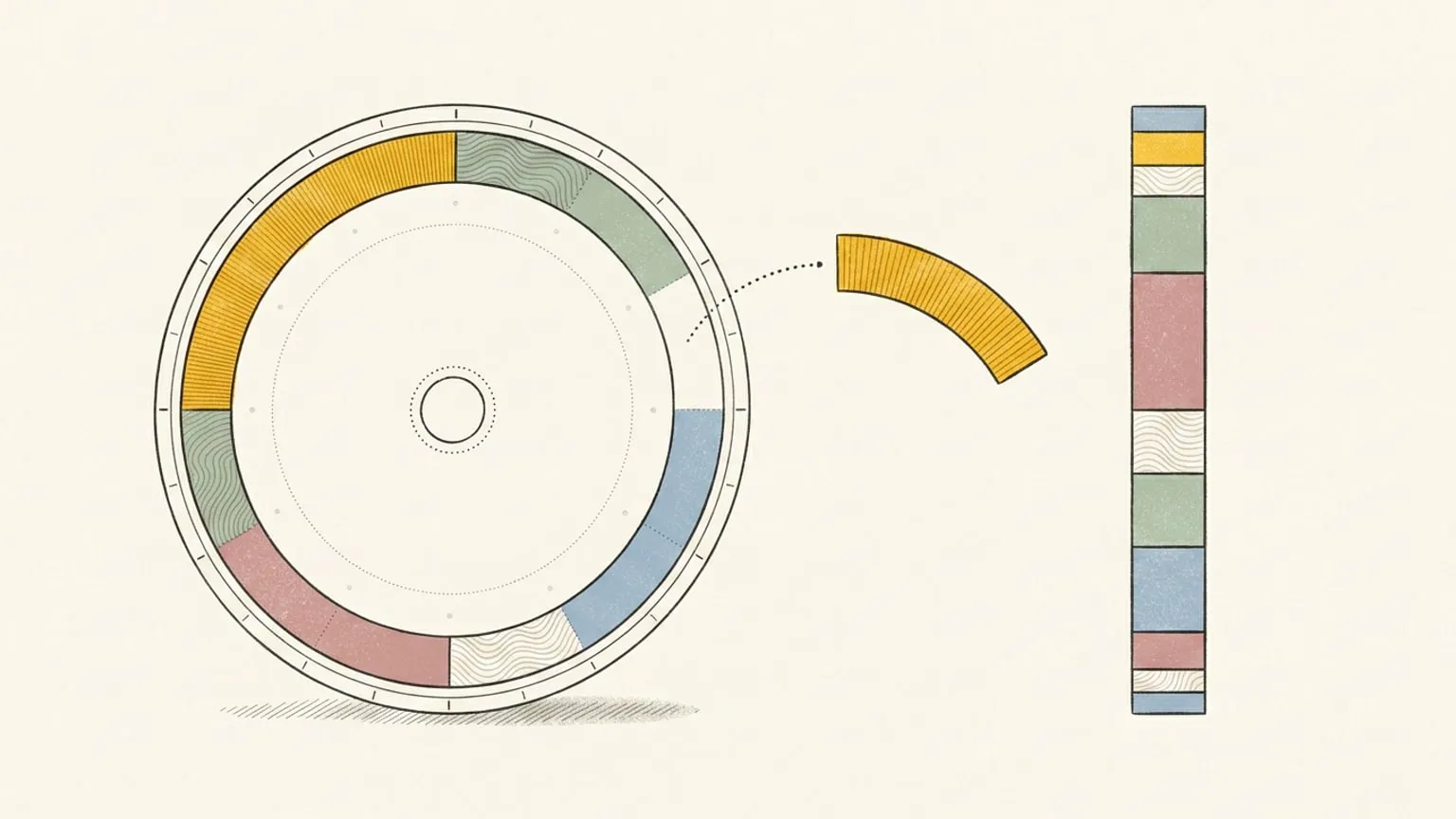 A 24-hour ring dial and a vertical stack of rectangular blocks sit side by side on warm paper, with one gold arc suspended in the gap between them, trailing a dotted curve.