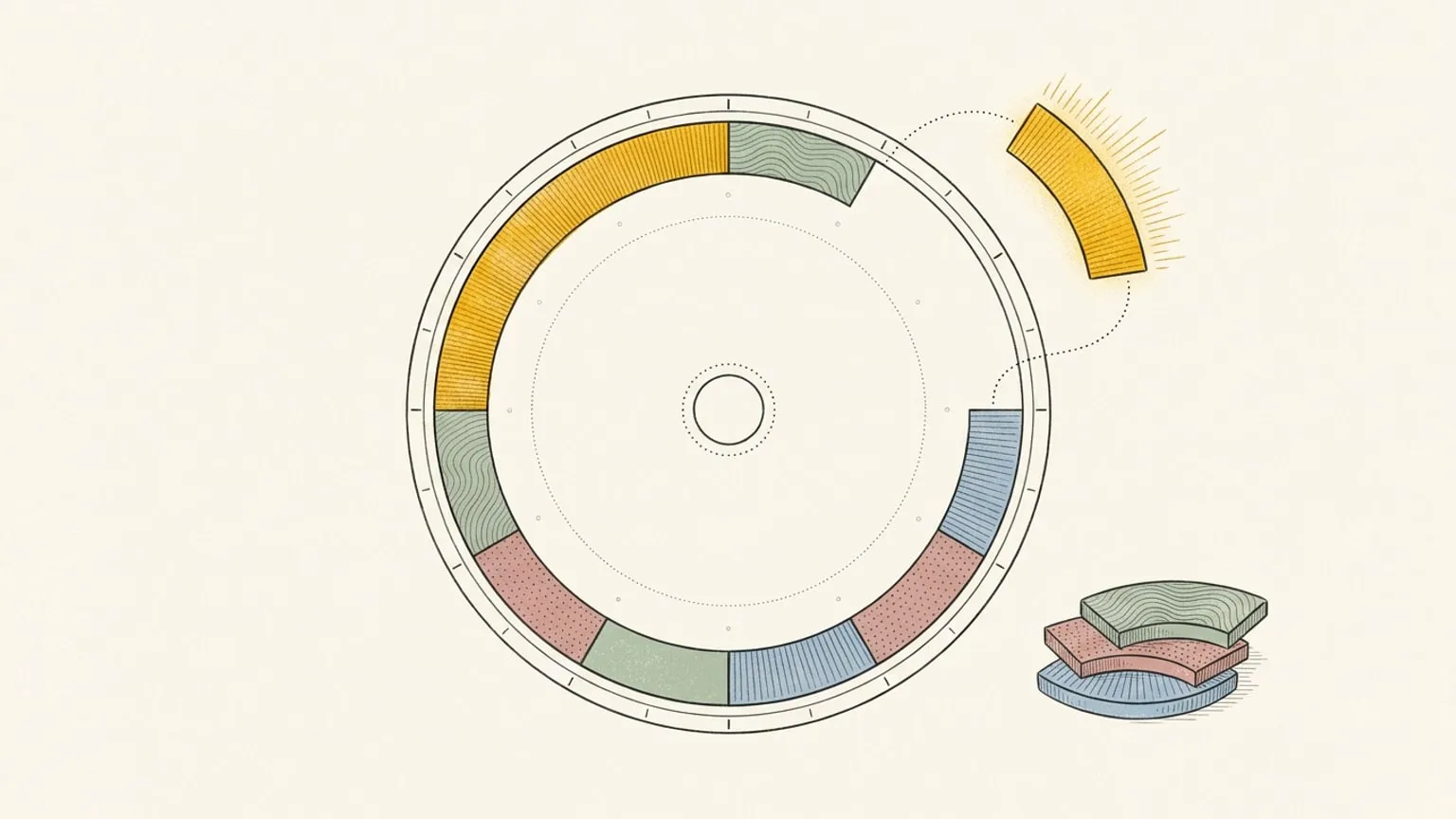 A 24-hour ring dial with most arc blocks in place and one gold-edged arc block floating along a dotted path toward a visible gap in the ring, a small stack of remaining blocks beside it.