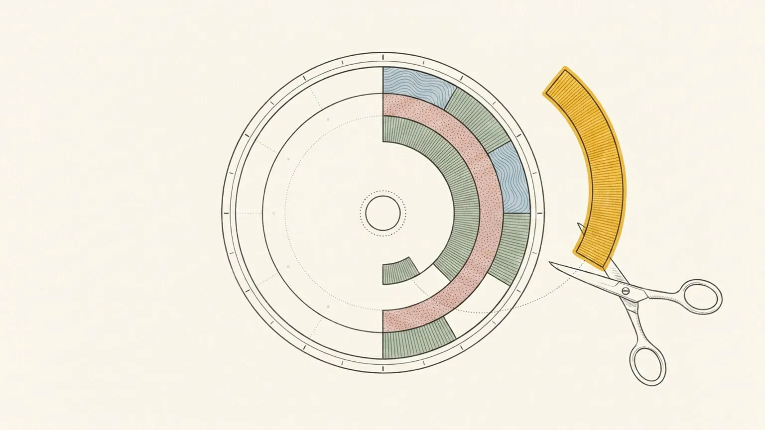 A circular day-planner ring with half its arc blocks filled and half empty, a pair of scissors resting nearby and one loose gold-accented arc block hovering above a dotted path leading to the open gap in the ring.