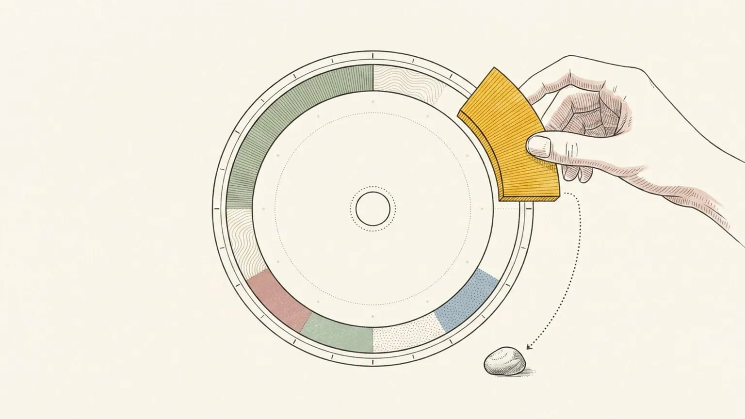 A hand holds one arc block a finger's width above its gap in the circular day-planner ring, a dotted curved path leading from the block down to the empty slot, a small stone resting at the path's beginning.