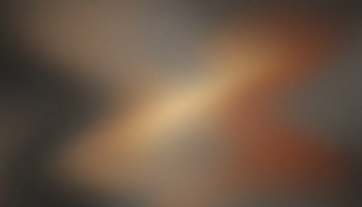 A muted mesh gradient drifts from deep charcoal and taupe on the left through a softly blooming grayed amber at centre into desaturated rust at the right, the two tonal zones dissolving together in heavy film grain.