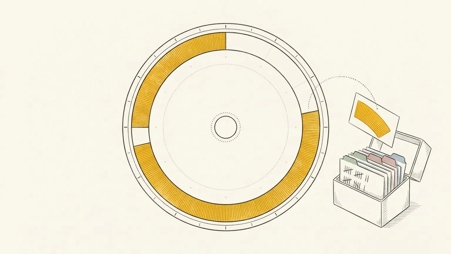 A 24-hour ring dial with long gold arc blocks beside an open index-card box, where one card printed with a gold arc lifts out along a dotted path toward the ring.