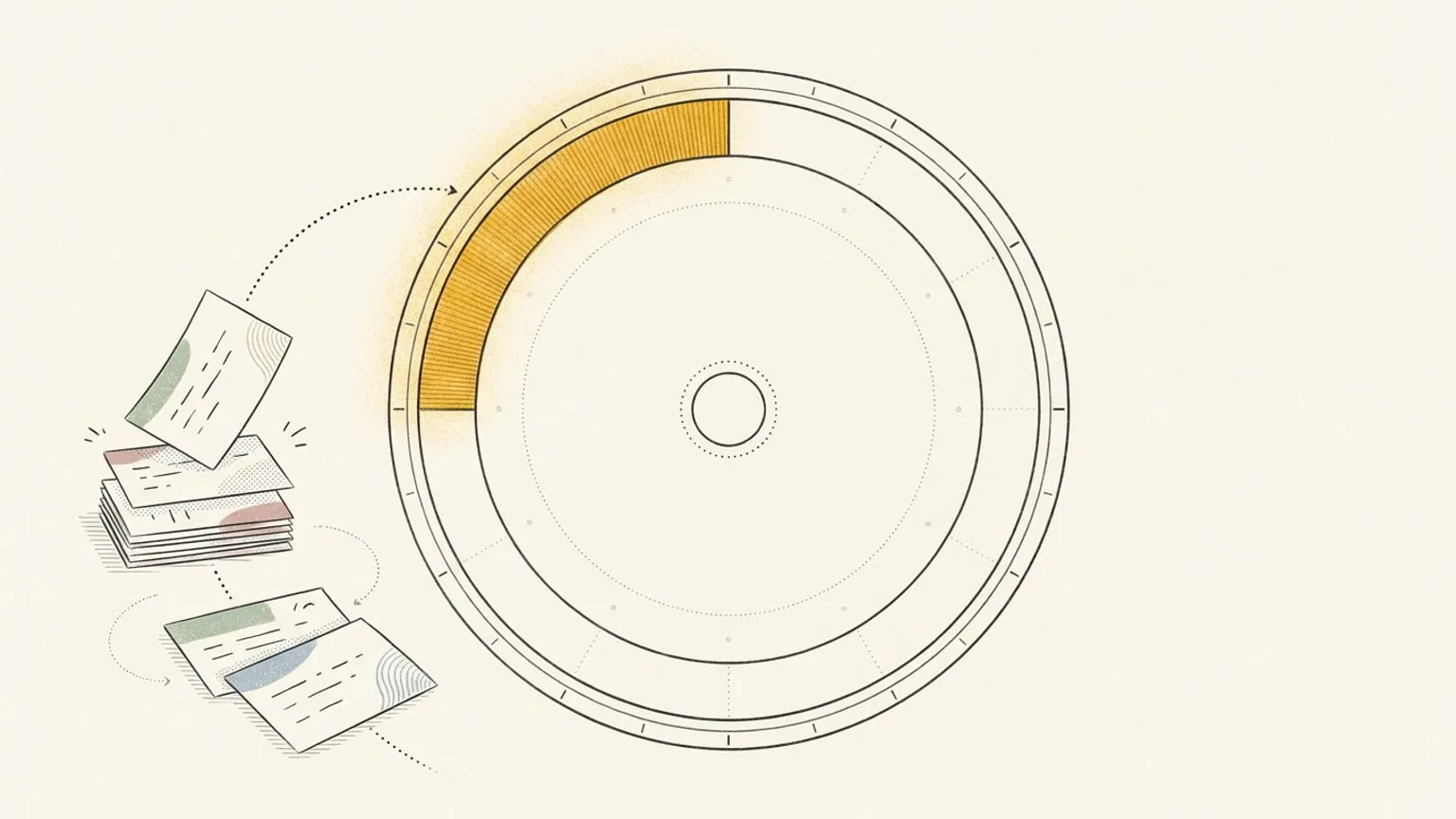 A stack of task cards with abstract marks sends one card along a dotted arc path onto the 24-hour ring dial, where it lands as a glowing gold block.