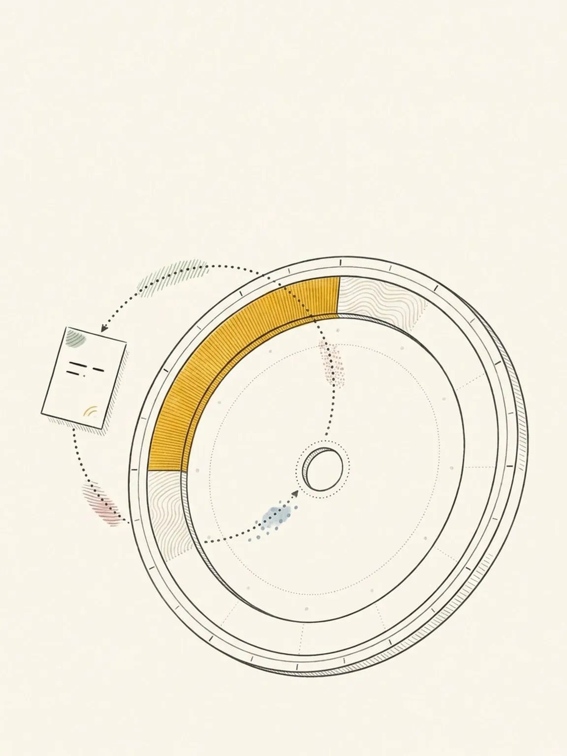 A low-angle upright dial with one gold arc block receives a small dashed paper card via a looping dotted path that also returns from the block back to the card, showing a two-way connection.