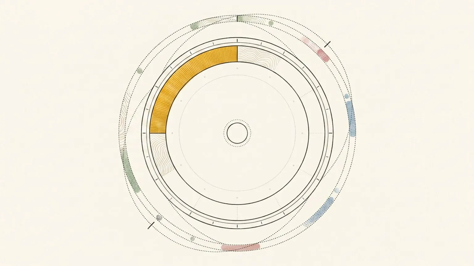 A 24-hour ring dial with two dotted orbital paths curving around it at different radii, one arc block on the ring lit in gold, the paths converging then splitting at the top of the frame.