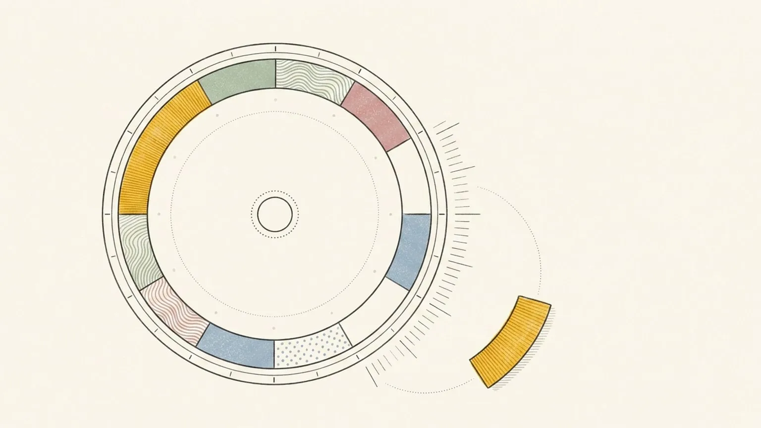 A hand-drawn 24-hour dial with arc blocks of varying widths sits flat on warm paper, one gold arc glowing on the ring, a loose arc block beside it with a dotted path showing it sliding into the single open gap remaining.