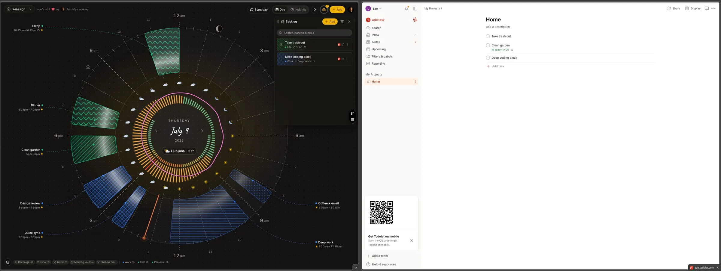 A split screen. On the right, Todoist showing a Home project with tasks including 'Clean garden' due today at 17:00 and undated tasks 'Take trash out' and 'Deep coding block'. On the left, Reassign: the timed 'Clean garden' task sits as a block at its hour on the 24-hour dial, while the undated tasks wait as blocks in the open Backlog tray, each colour-coded into an area and marked with a Todoist source badge.