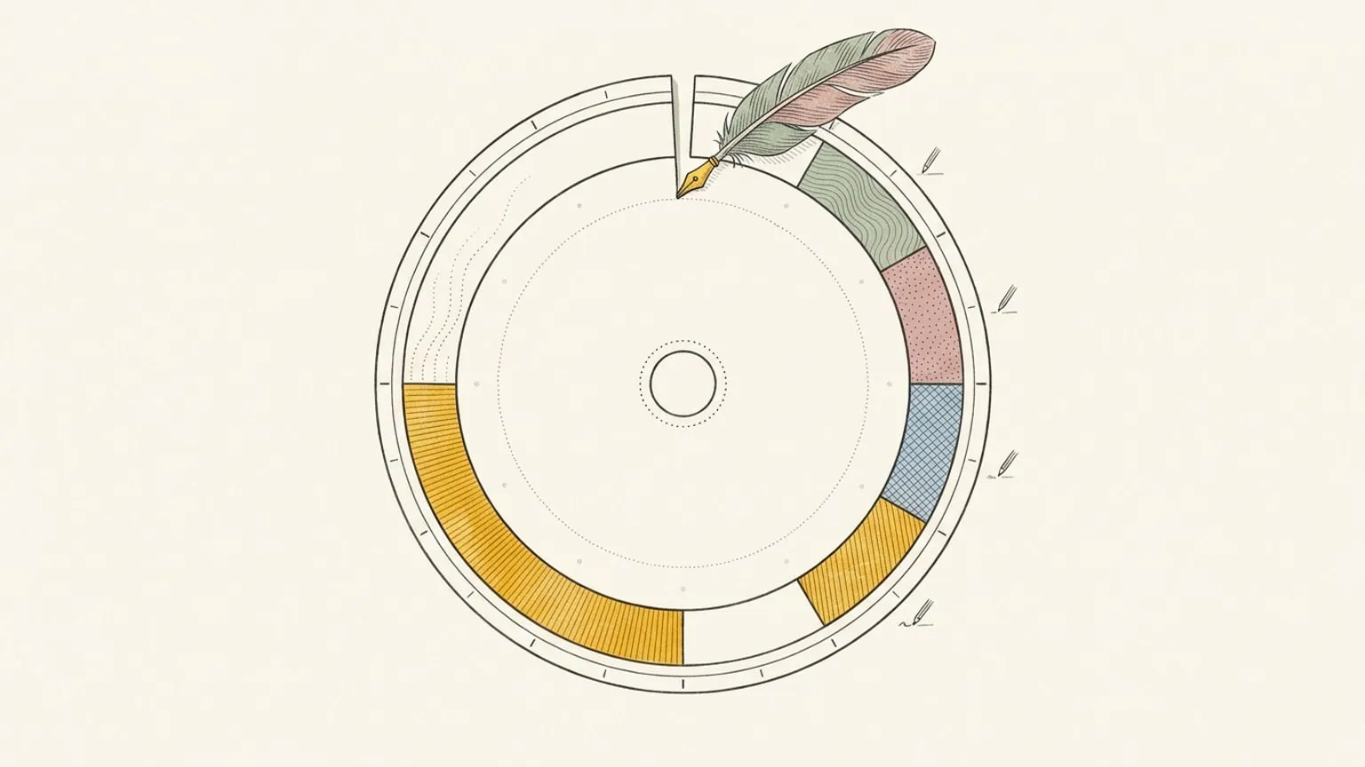 A hand-drawn 24-hour ring dial divided into two halves, one side holding a lone arc block with dotted trails suggesting automatic placement and the other holding several arc blocks with pencil approval marks, a gold-tipped quill bridging the divide.