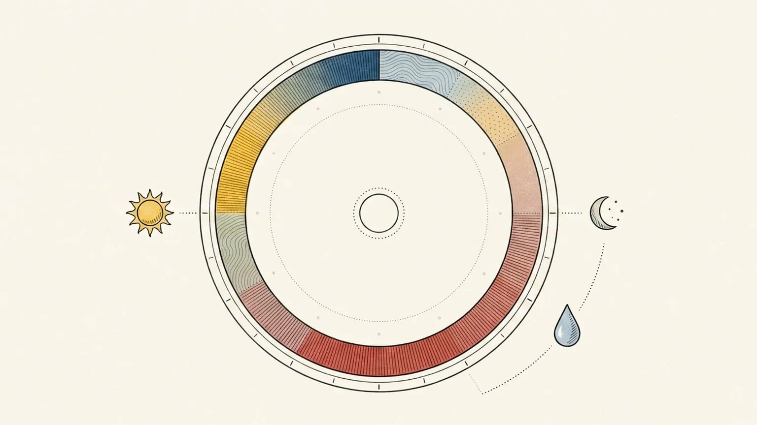 A 24-hour dial flat on warm paper with a ring of temperature bars graduating from cool blue to hot red, a small ink sun and crescent moon pinned at opposite rim positions by dotted radial lines, and a single raindrop glyph curving down onto the outer ring.