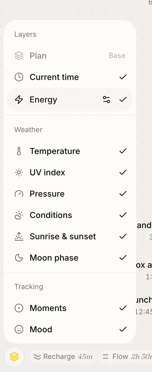 The Layers control. 'Plan' is marked Base, with 'Current time' and 'Energy' ticked beneath it, Energy carrying its own settings icon. Under 'Weather' sit six toggles, all on: Temperature, UV index, Pressure, Conditions, Sunrise & sunset, Moon phase. A 'Tracking' section below holds Moments and Mood, both on.