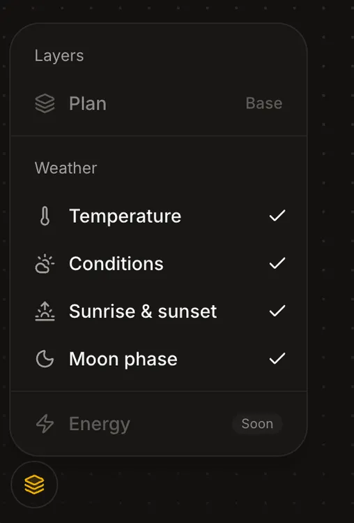 The Layers control. 'Plan' is marked Base. Under 'Weather' sit four toggles, all on: Temperature, Conditions, Sunrise & sunset, Moon phase. Below them an 'Energy' layer is greyed out with a 'Soon' tag.