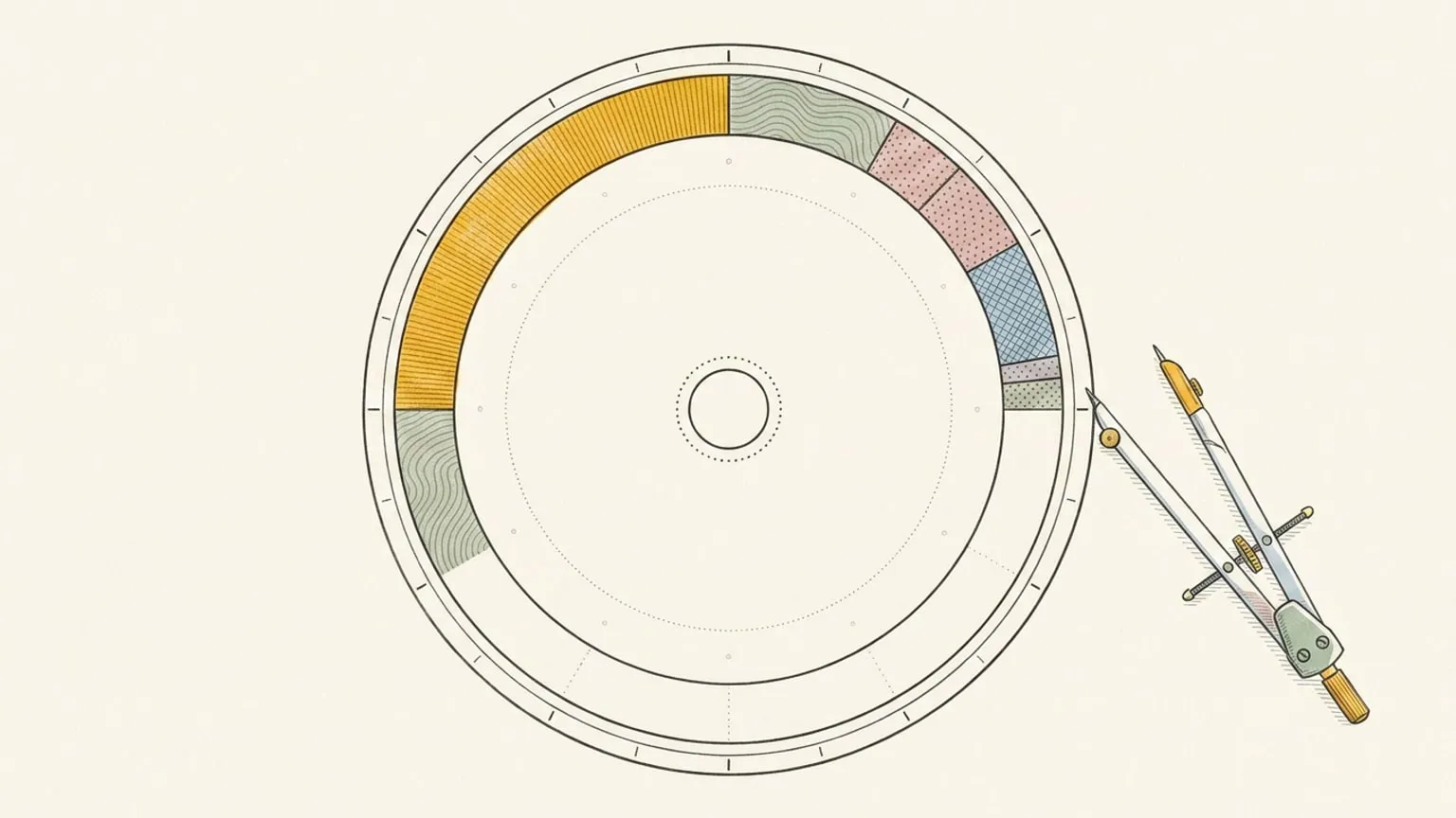 A 24-hour dial with a dense band of shaded wedge sectors around its upper arc and one wide empty arc below, a draughtsman's compass resting with its gold tip on the dial's outer edge.