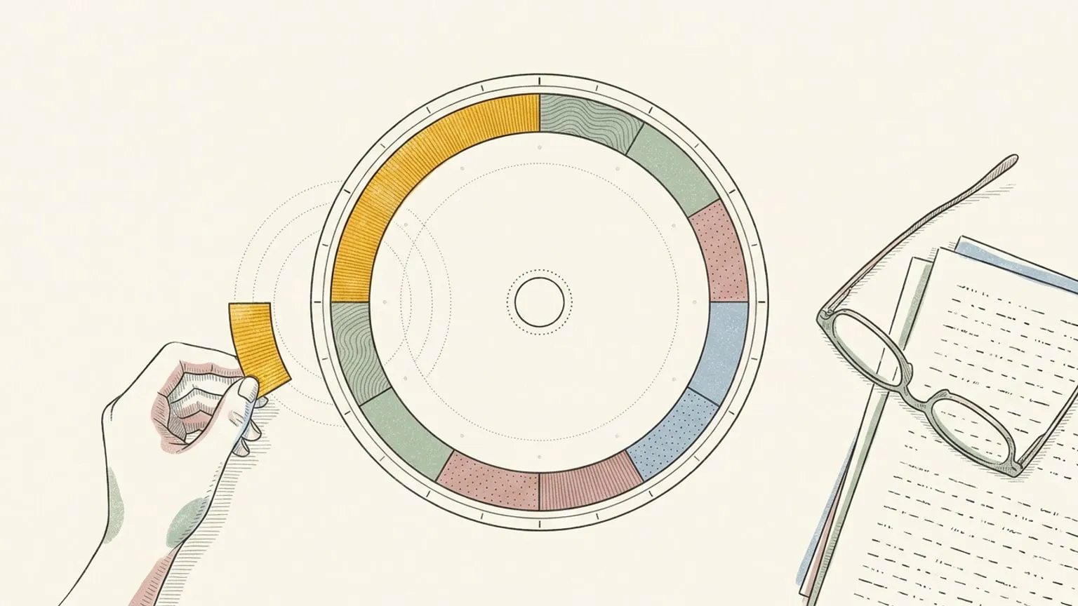 A 24-hour ring dial with one arc block held above its gap by two fingers, surrounded by faint dotted orbit trails, beside a pair of open reading glasses resting on dash-marked paper.