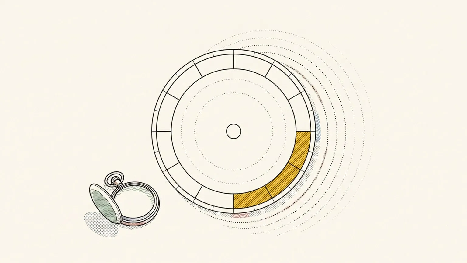 A 24-hour dial with one gold arc sits beside a face-down open pocket watch, while dotted lines spiral outward from the dial's edge and fade into blank paper, suggesting time that passed unfelt.