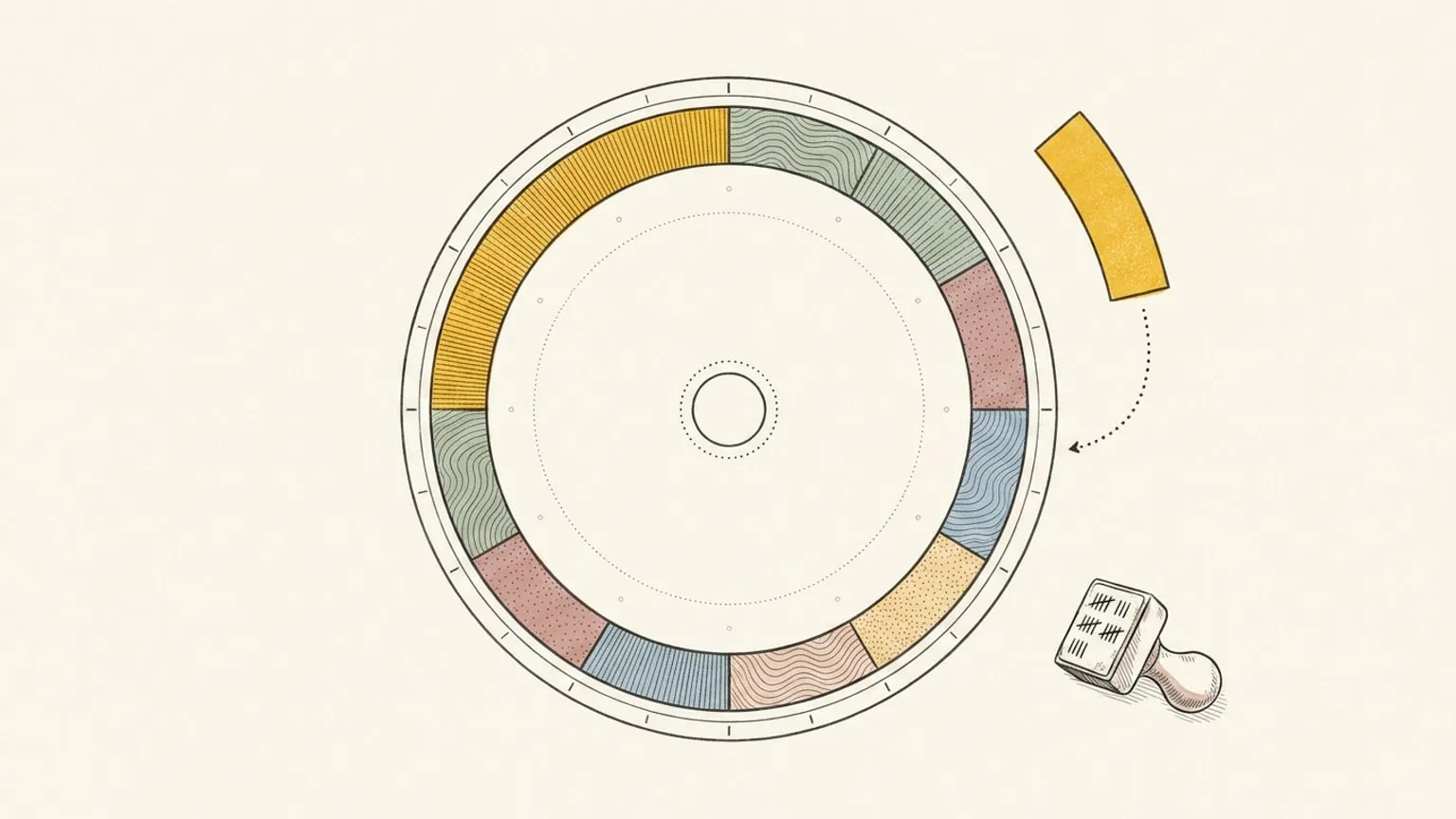 A 24-hour ring dial whose arc blocks nearly complete a full circle, with one loose arc block tracing a dotted path toward the final gap, and a tally-marked stamp resting beside it on warm paper.