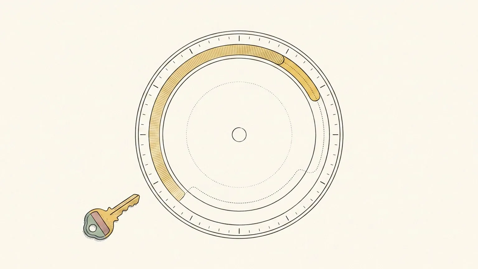 A circular 24-hour dial with one faded arc and a fresh arc landing beside it along a dotted path, next to a worn key that does not fit the dial.