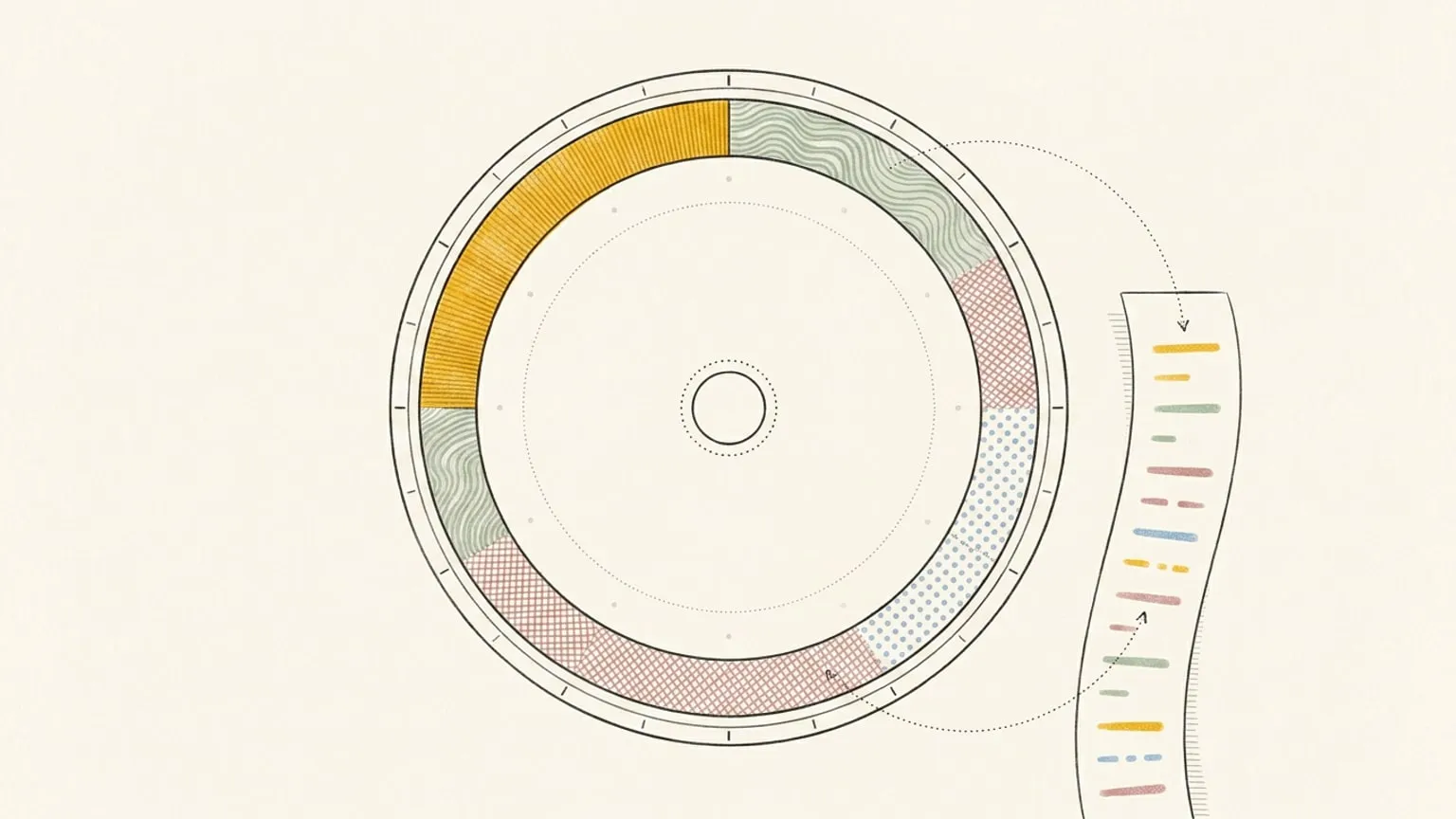 A circular arc-block dial rests beside a narrow paper strip marked with abstract dashes, with dotted paths curving between them to show the dial and the list as connected but separate objects.
